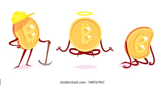 Set of bit-coin characters in the different situations. Vector cartoon illustration.