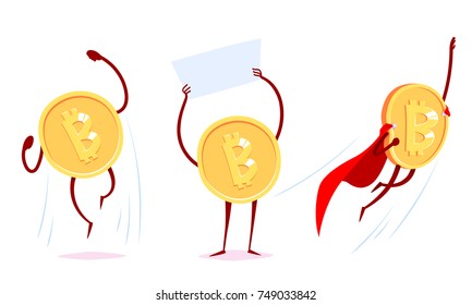 Set of bitcoin characters in the different situations. Vector cartoon illustration.