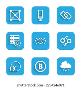 Set Bitcoin in circuit, Cryptocurrency cloud mining, key, with clock, Server bitcoin, Chain link and Blockchain technology icon. Vector