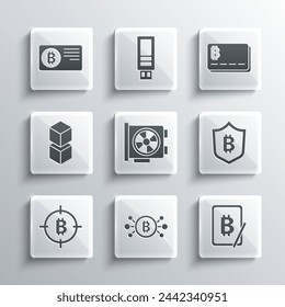 Set Bitcoin in circuit, Mining bitcoin from tablet, Shield with, Video graphic card, the target, Blockchain technology, Credit and  icon. Vector