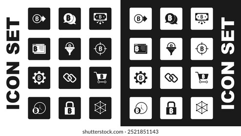 Establezca Bitcoin con el circuito, el embudo de ventas, el navegador, el destino, el Carrito de compras y el ícono de criptomoneda. Vector