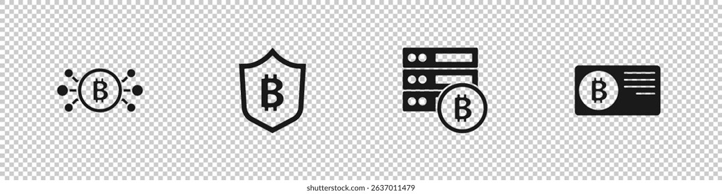 Set Bitcoin in circuit, Shield with bitcoin, Server and Credit card icon. Vector