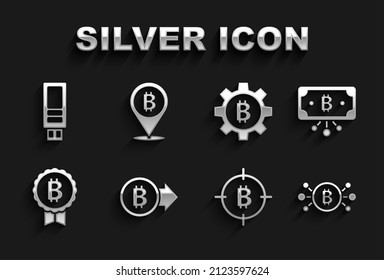 Set Bitcoin, with circuit, the target, Cryptocurrency, USB flash drive and  icon. Vector