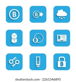 Set Bitcoin with clock, USB flash drive, Lock bitcoin, Mining from laptop, Cryptocurrency key, Blockchain technology, cloud mining and  icon. Vector