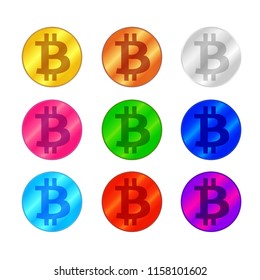 set of bitcoin coin multi color icon on white background, symbol bitcoin colorful logo, cryptocurrency bitcoin coin symbol multi colors (vector)