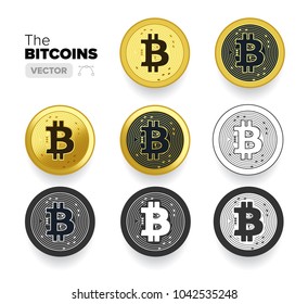 Set of Bitcoin Coins in the form of gold, simple and line icons in vector