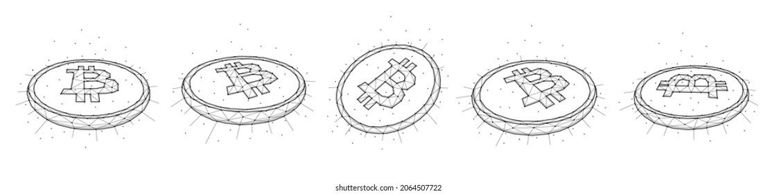 Set of bitcoin coins in polygonal style isolated on white background. Cryptocurrency low poly design. Abstract digital banner, template or background. Bitcoin technology geometric art