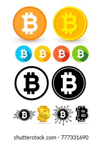 Set of bitcoin concept. Cryptocurrency logo sign. Creative design. Digital money, finance symbol. Flat style. Vector illustration Isolated on white background
