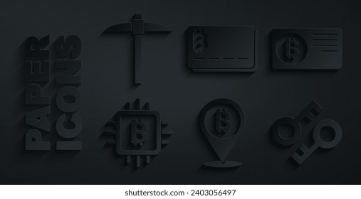 Establezca Bitcoin, tarjeta de crédito con bitcoin, granja de minería de CPU, clave Cryptocurrency e icono Pickaxe. Vector