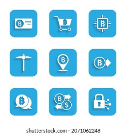 Set Bitcoin, Cryptocurrency exchange, Lock with bitcoin, Pickaxe, CPU mining farm and Credit card icon. Vector