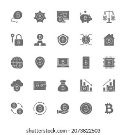 Set of Bitcoin and Cryptocurrency Grey Icons. Pack of 48x48 Pixel Icons