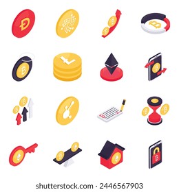 Set of Bitcoin and Cryptocurrency Isometric Icons

