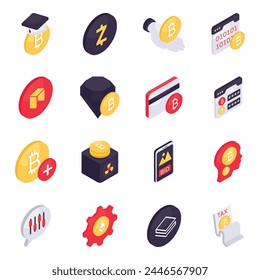Set of Bitcoin and Cryptocurrency Isometric Icons


