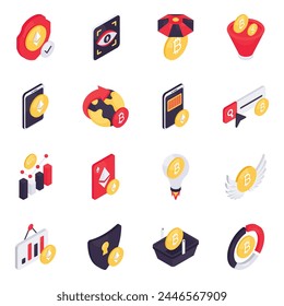 Set of Bitcoin and Cryptocurrency Isometric Icons


