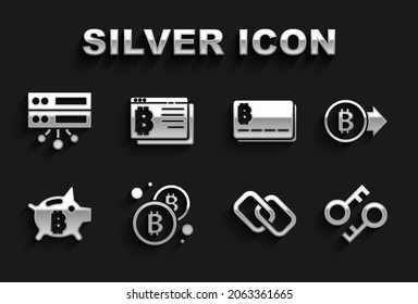 Set Bitcoin, Cryptocurrency key, Chain link, Piggy bank bitcoin, Credit card with, Server and browser icon. Vector