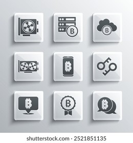 Set Bitcoin, Cryptocurrency key, Mining bitcoin from mobile, Video graphic card,  and cloud mining icon. Vector