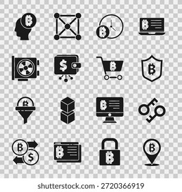 Set Bitcoin, Cryptocurrency key, Shield with bitcoin, clock, wallet, Video graphic card, think and Shopping cart icon. Vector