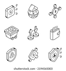 Set of Bitcoin and Cryptocurrency Line Isometric Icons

