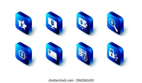 Set Bitcoin, Cryptocurrency wallet, Magnifying glass with, Lock bitcoin, Server, Credit card, CPU mining farm and Piggy bank icon. Vector