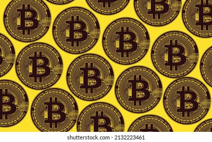 Satz von digitalen Bitcoin-Münzen auf gelbem Hintergrund
