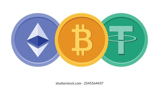 С mit Bitcoin, Ethereum und Tether auf weißem Hintergrund. Nette virtuelle Währungssammlung in innovativem Kryptowährungs-Blockchain-Konzept. Für Logos, Symbole, Embleme.