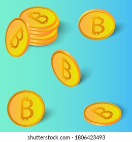Set of bitcoin gold coins. Coins in different angles with shadows on a blue-green background. Can be used as design elements.Vector illustration.