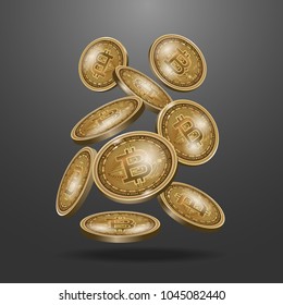 set of bitcoin gold digital cryptocurrency coins, realistic coin icon isolated on black.  can be use for object, background, poster, web banner. vector
