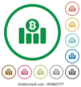 Set of Bitcoin graph color round outlined flat icons on white background