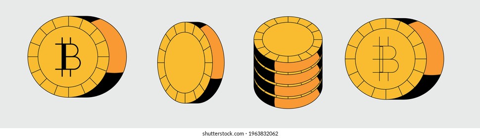 Set of bitcoin icons in flat cartoon style.