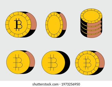 Set of bitcoin icons in flat cartoon style.