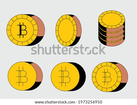Set of bitcoin icons in flat cartoon style.