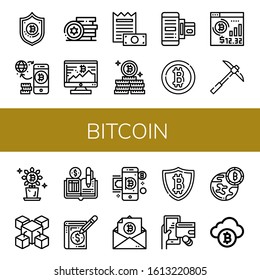 Set of bitcoin icons. Such as Bitcoin, Tokens, Payment method, Pickaxe, Blockchain, Ledger, Digital wallet , bitcoin icons