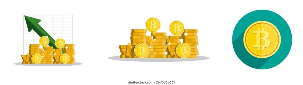 Conjunto de ilustraciones de bitcoin que incluyen un gráfico ascendente, pilas de monedas y un icono de diseño plano para el concepto de criptomoneda.