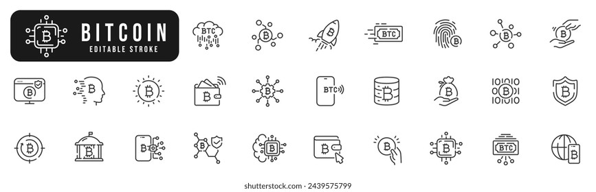 Conjunto de iconos de línea de bitcoin. Moneda, cripto, dinero, computadora, finanzas, cartera, etc. Trazo editable