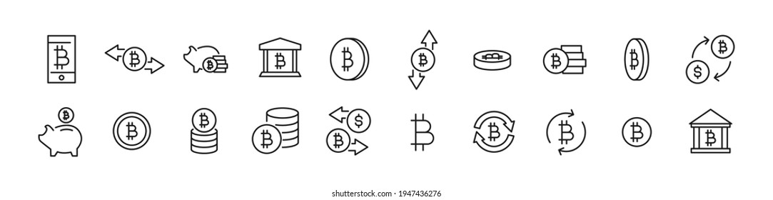 Set of bitcoin line icons. Premium pack of signs in trendy style. Pixel perfect objects for UI, apps and web. 