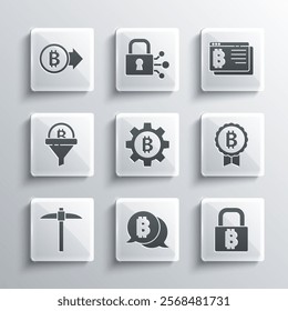 Set Bitcoin, Lock with bitcoin, Cryptocurrency, Pickaxe, Sales funnel,  and browser icon. Vector
