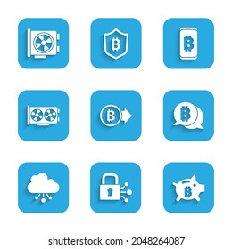 Set Bitcoin, Lock with bitcoin, Piggy bank, Cryptocurrency cloud mining, Video graphic card, Mining from mobile and  icon. Vector