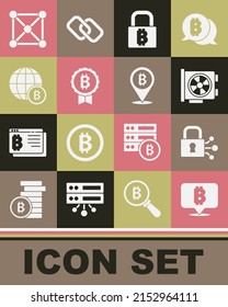 Set Bitcoin, Lock with bitcoin, Video graphic card, Globe, Blockchain technology and  icon. Vector