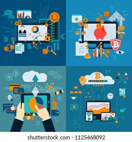 Set of Bitcoin Mining farm. Crypto currency surrounded by cryptocoins or digital currency coins, with computers and gadgets.Vector illustration in flat style. Modern financial infographics