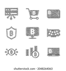 Indique Bitcoin, bitcoin de gráfico circular, minería de datos desde portátil, tarjeta de vídeo, circuito, escudo con, icono de crédito y servidor. Vector