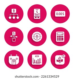 Set Bitcoin, Pie chart infographic, Mobile stock trading, Calculator, Bear market, Dollar plant, Zero cost e icono de la tecnología Blockchain. Vector