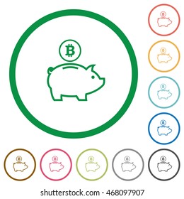 Set of Bitcoin piggy bank color round outlined flat icons on white background