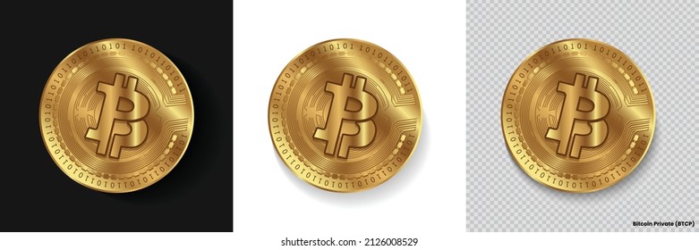 Set von Bitcoin Private BTCP Krypto Währung Logo Symbol Vektorgrafik einzeln auf weißem, dunklem und transparentem Hintergrund. Kann als goldener Münzaufkleber, Symbol, Etikett, Abzeichen, Druckdesign und Emblem verwendet werden
