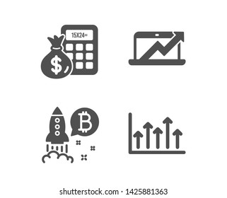 Set of Bitcoin project, Finance calculator and Sales diagram icons. Growth chart sign. Cryptocurrency startup, Calculate money, Sale growth chart. Upper arrows.  Classic design bitcoin project icon