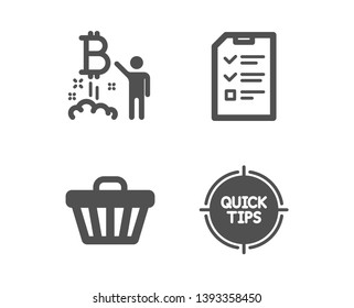Set of Bitcoin project, Interview and Shop cart icons. Tips sign. Cryptocurrency startup, Checklist file, Web buying. Quick tricks.  Classic design bitcoin project icon. Flat design. Vector