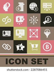 Indique Bitcoin, embudo de ventas con bitcoin, retención de mano, Globe, cartera de criptodivisa, clave, pensamiento y icono de la tecnología Blockchain. Vector
