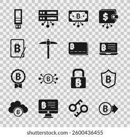 Set Bitcoin, Shield with bitcoin, Mining from laptop, circuit, Pickaxe, tablet, USB flash drive and Credit card icon. Vector