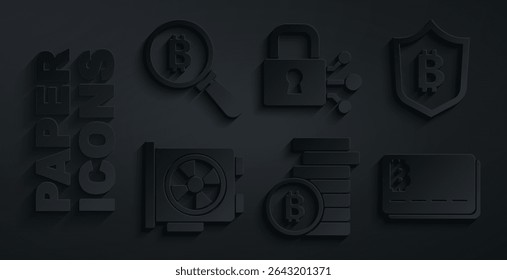 Set Bitcoin, Shield with bitcoin, Video graphic card, Credit, Lock and Magnifying glass icon. Vector