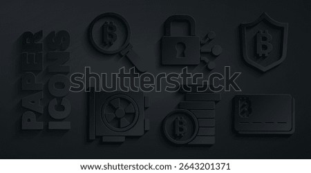 Set Bitcoin, Shield with bitcoin, Video graphic card, Credit, Lock and Magnifying glass icon. Vector
