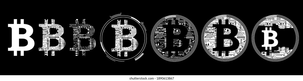 Set of bitcoin sign icons. Bitcoin digital cryptocurrency in circuit board style. Vector Illustration